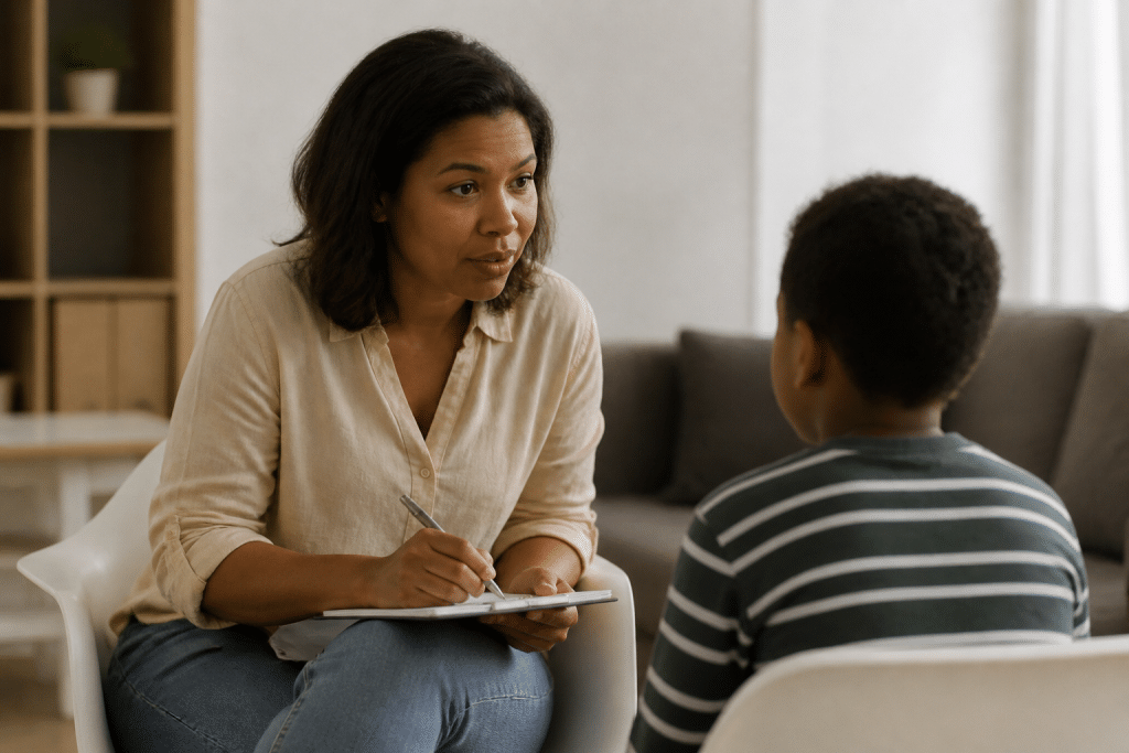 Professional accompagnant enfant assis face a face pour formation