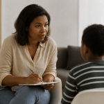Professional accompagnant enfant assis face a face pour formation